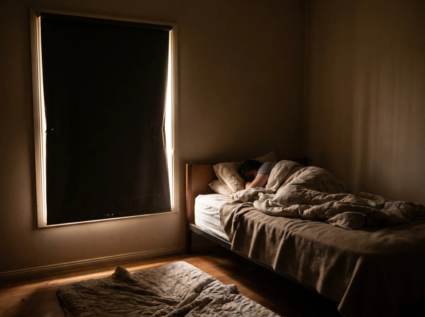 A blockout roller blind down in a dim bedroom with light glowing around its edges