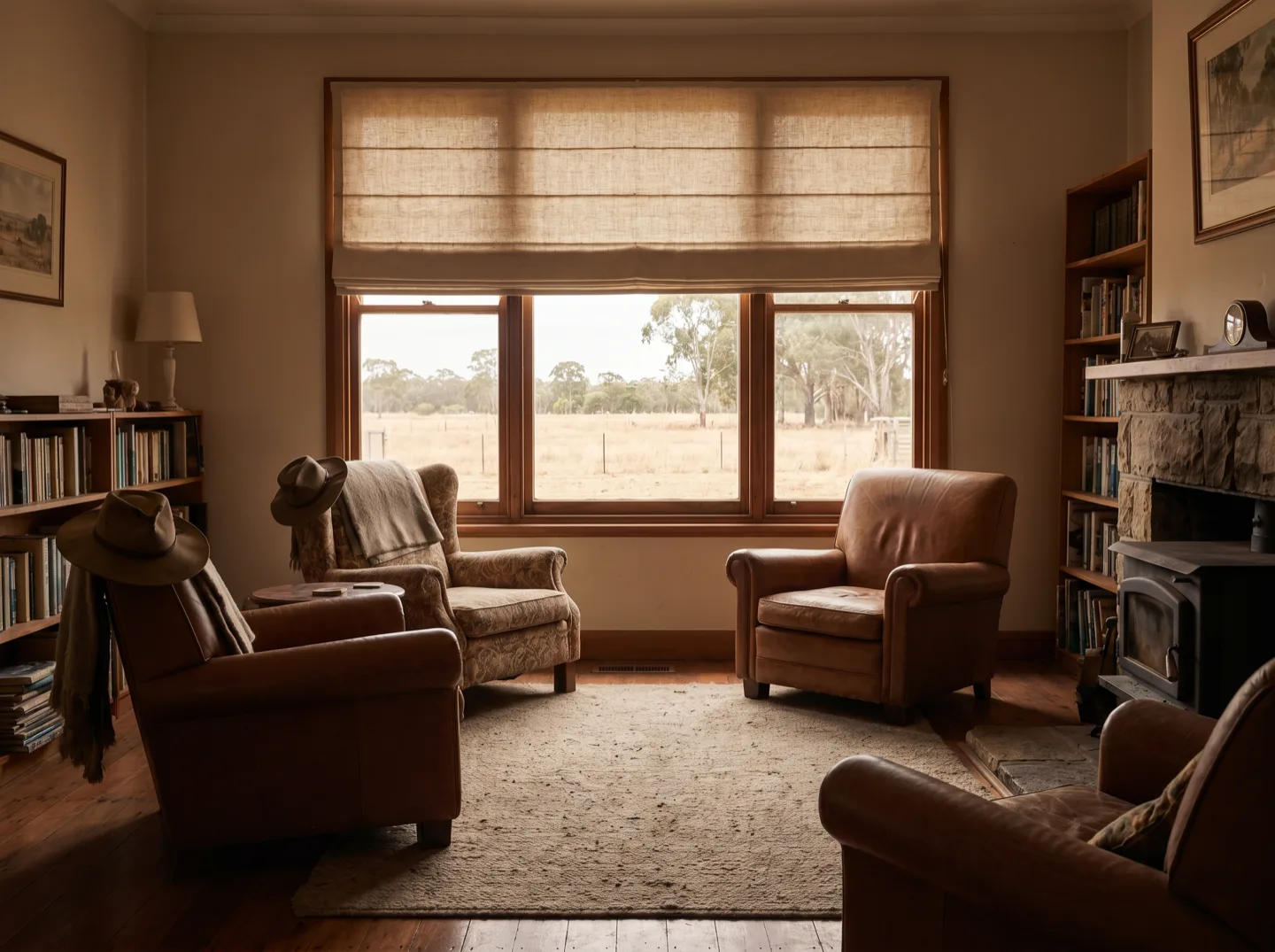 A linen Roman blind half-lowered in a country homestead living room